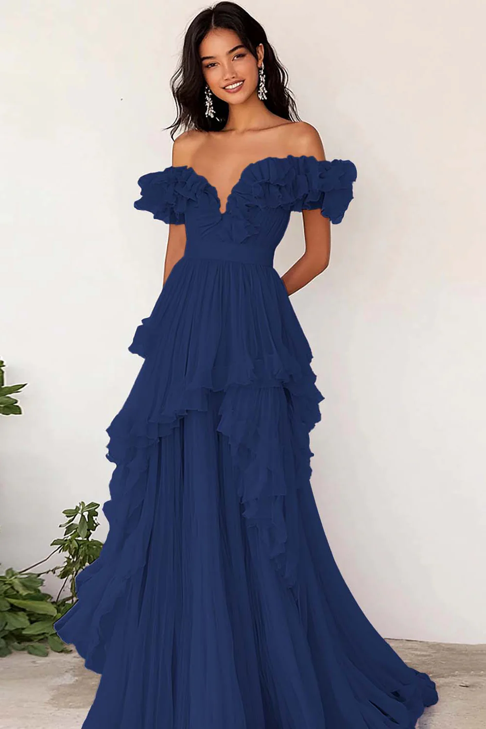Lilac Chiffon A Line Long Off the Shoulder Prom Dress with Ruffles - VNBITS