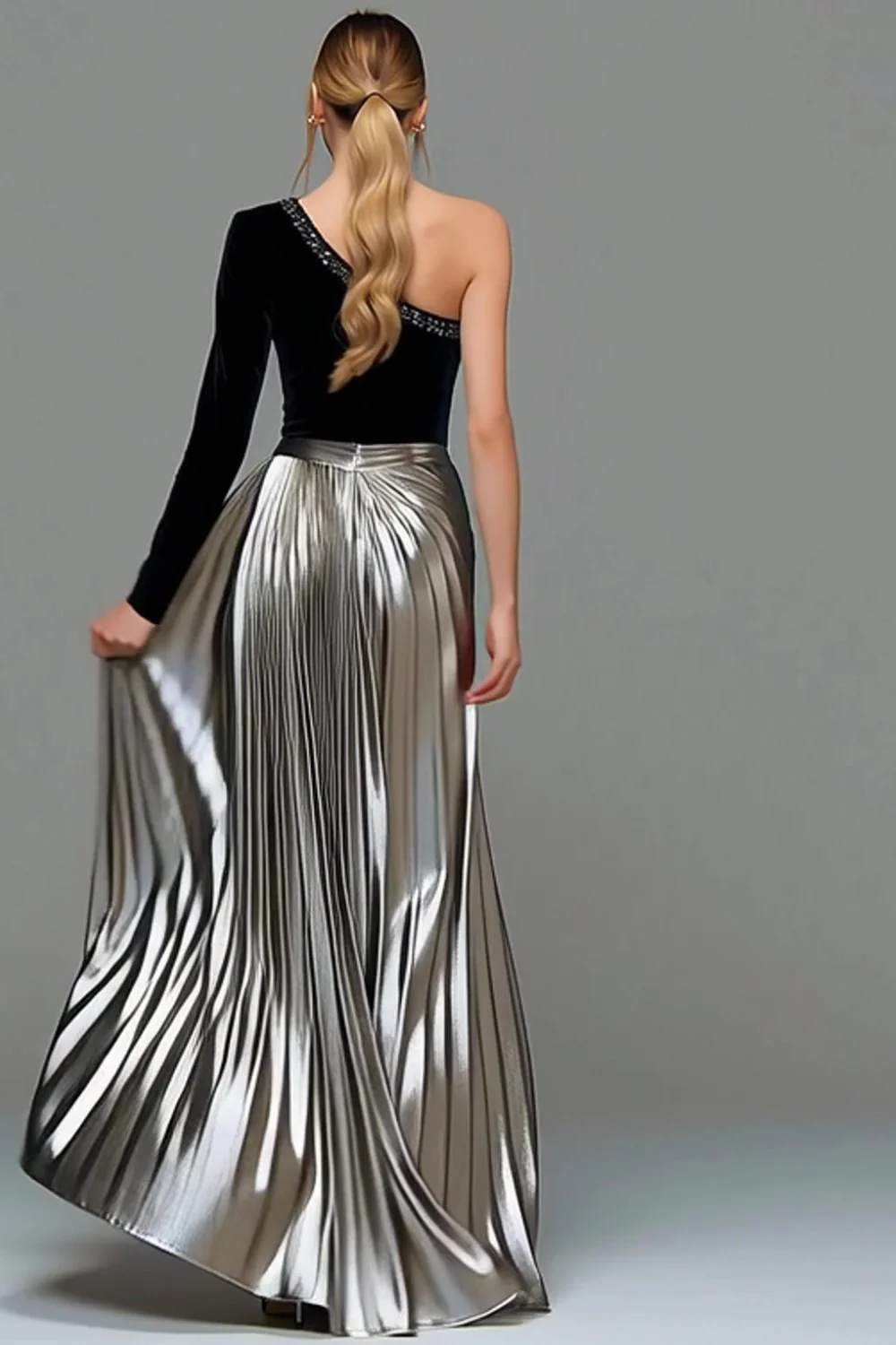Sparkly Black and Grey Metallic One Shoulder Long Holiday Party Dress - VNBITS