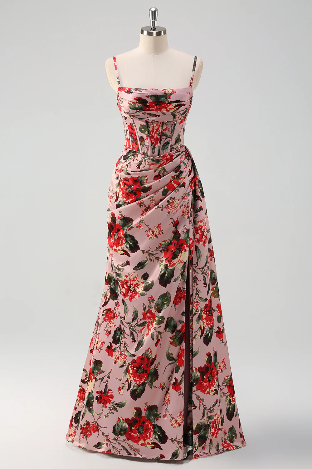 Pink Red Floral Spaghetti Straps Prom Dress with Slit - VNBITS