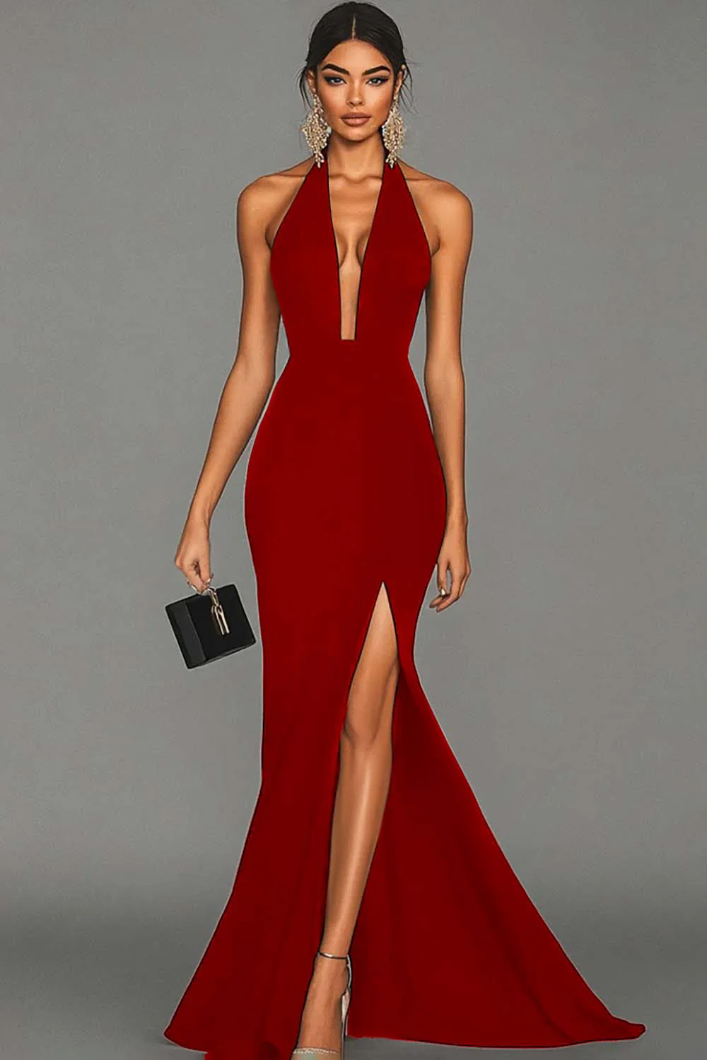 Black Mermaid Halter Neck Long Satin Formal Dress with Slit - VNBITS