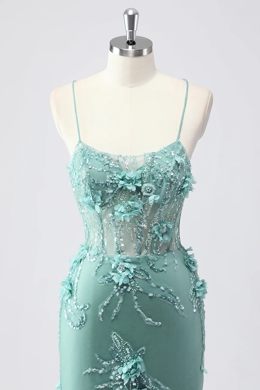 Sparkly Blue Mermaid Long Prom Dress with 3D Flowers - VNBITS