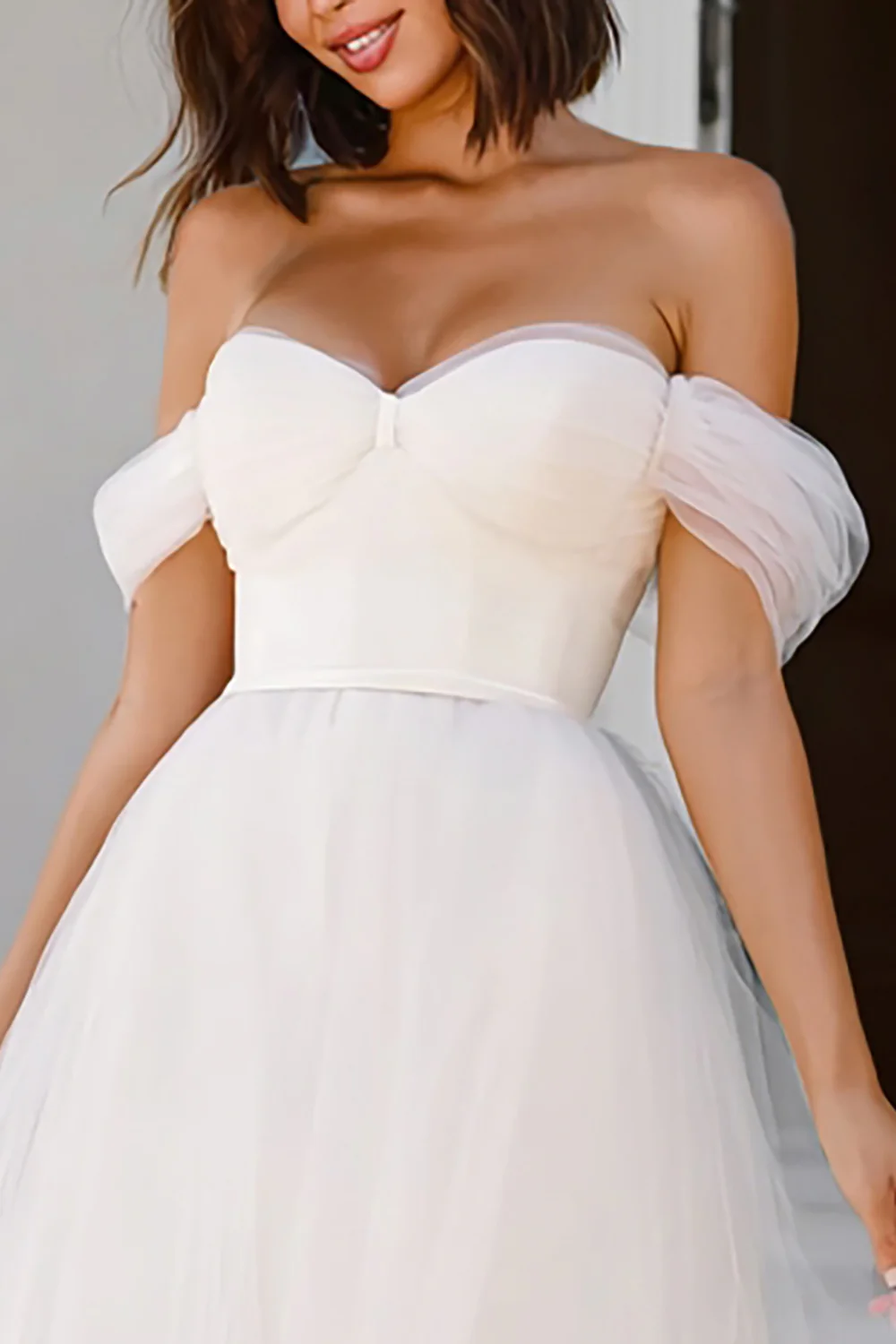 White A Line Tulle Midi Engagement Dress with Bows - VNBITS