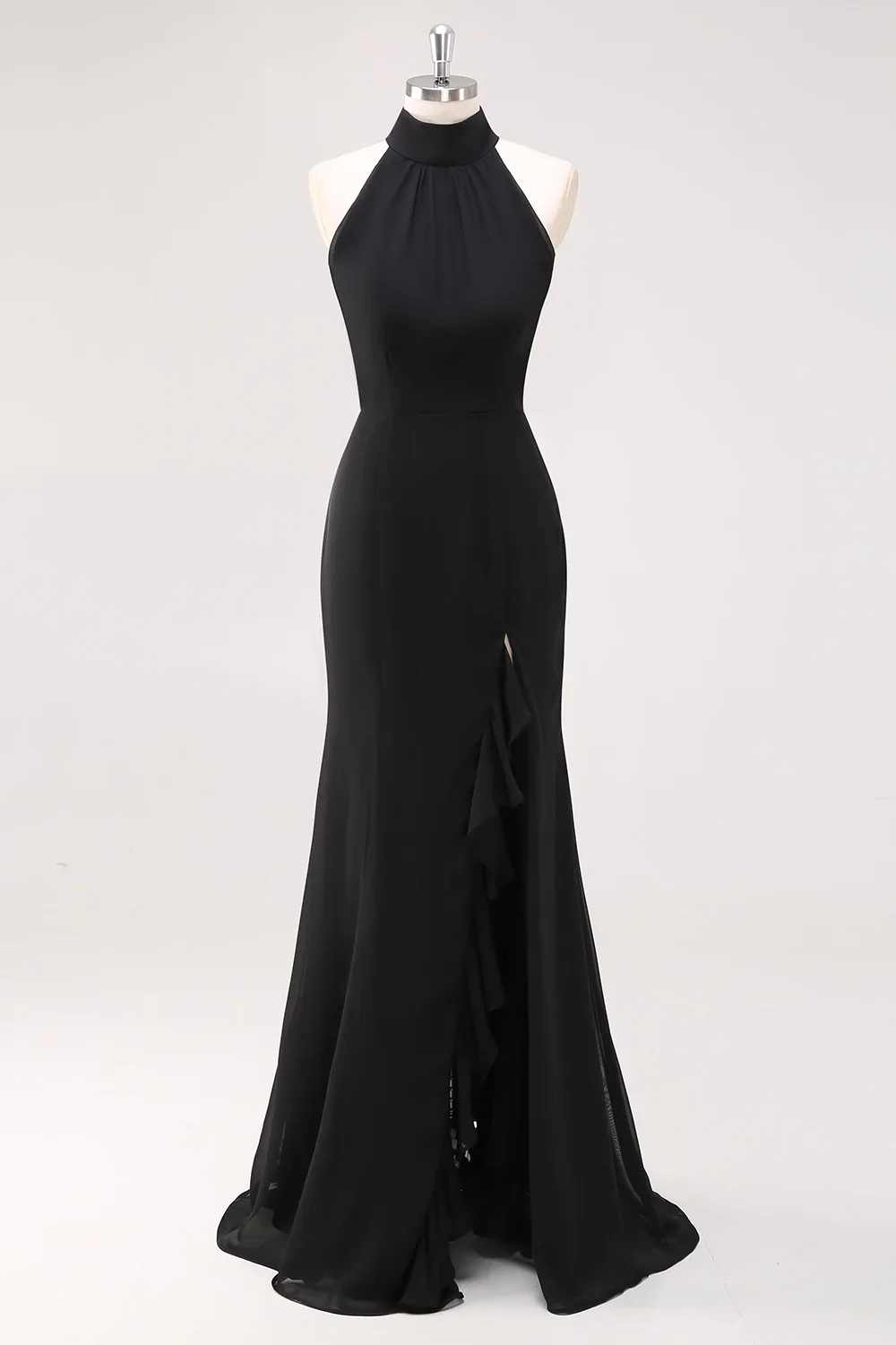 Halter Neck Black Ruffled Mermaid Long Formal Dress with Slit - VNBITS