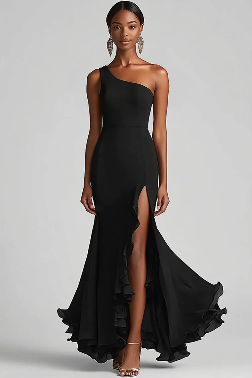 Ink Blue Mermaid Ruffled Chiffon One Shoulder Long Formal Dress with Slit - VNBITS