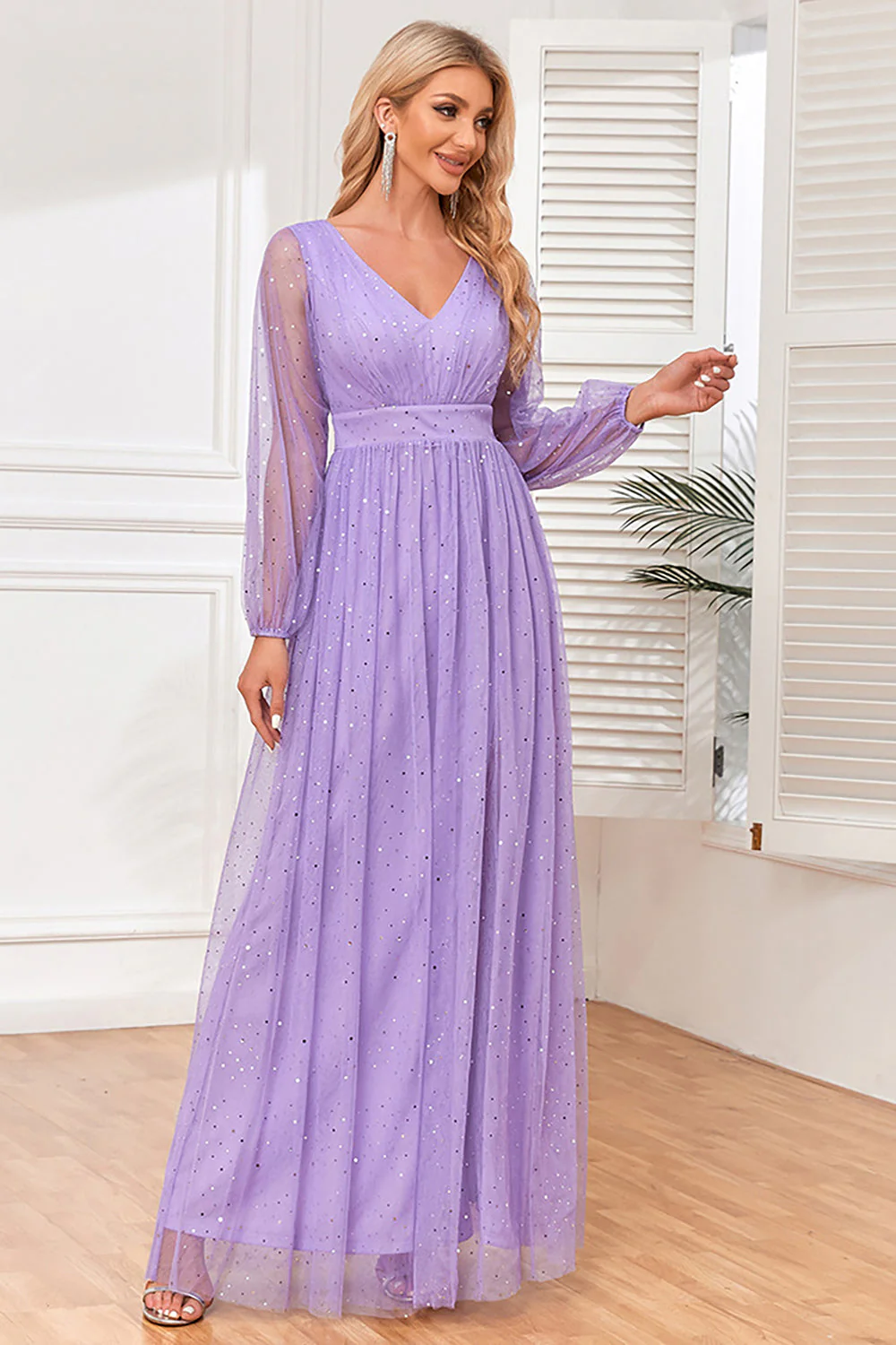 A-Line Long Sleeves Lilac Holiday Party Dress with Slit - VNBITS