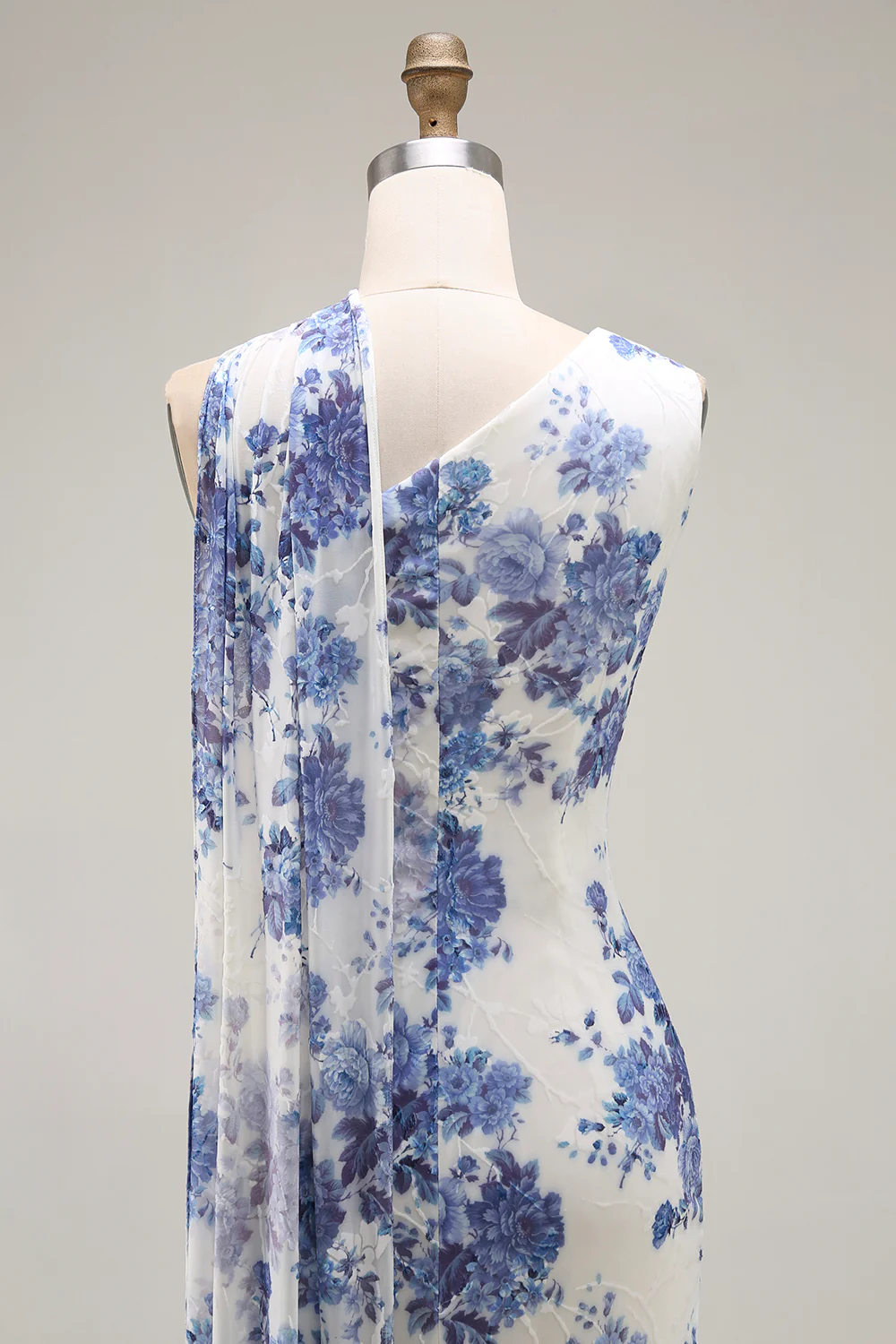 Blue Floral Neck Scarf Sheath Long Bridesmaid Dress - VNBITS