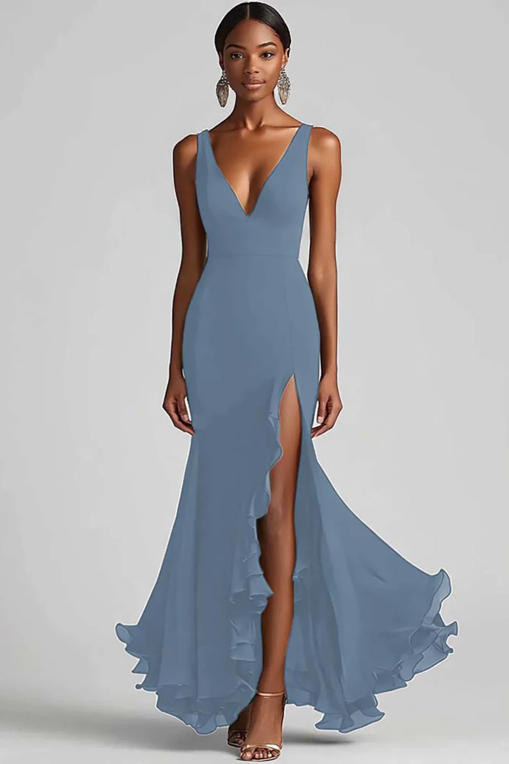 Ink Blue Chiffon V-Neck Ruffled Long Formal Dress with Slit - VNBITS