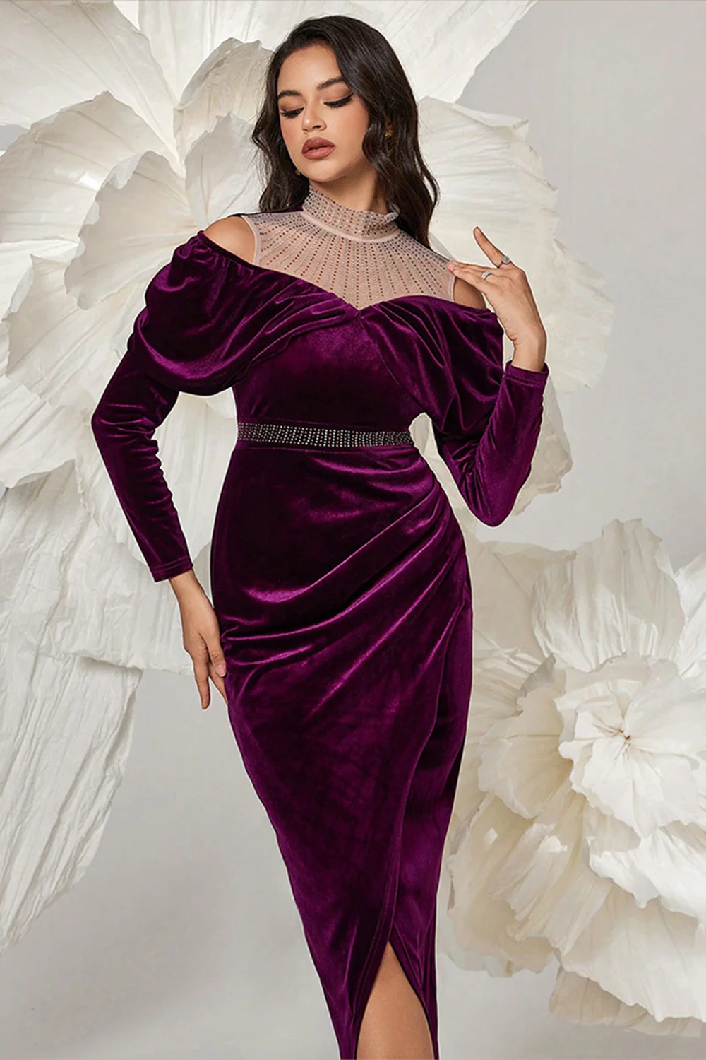 Dark Purple Velvet Bodycon High Neck Ruched Long Sleeves Prom Dress - VNBITS