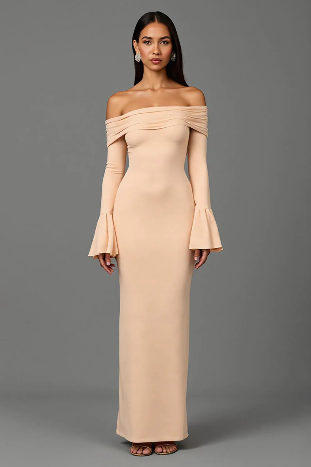 Apricot Off the Shoulder Sheath Long Sleeves Formal Dress - VNBITS