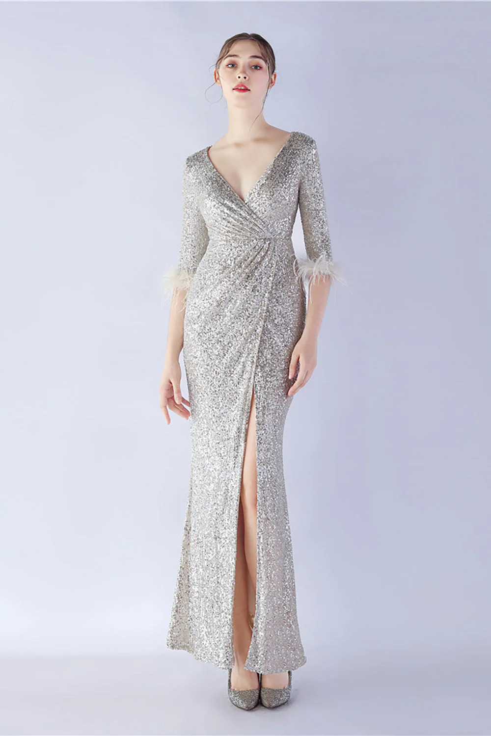 Navy Sequin V-neck Half Sleeves Sheath Formal Dress with Feather - VNBITS