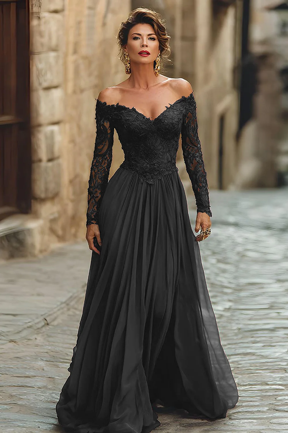 Cabernet Chiffon A Line Long Mother of the Bride Dress with Lace - VNBITS