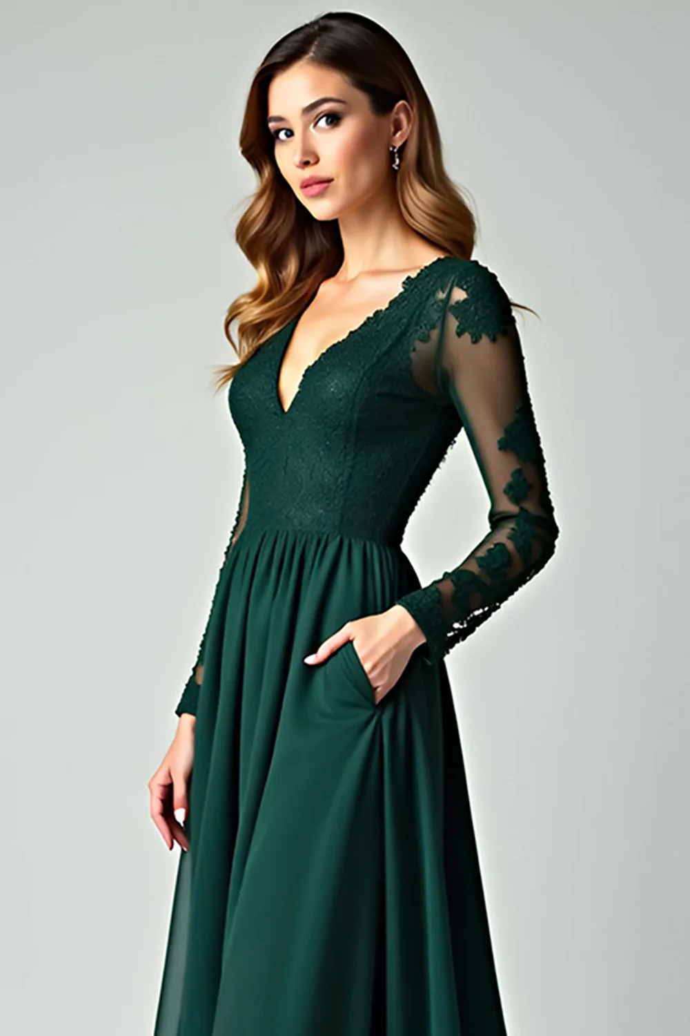 V-Neck Pine Appliqued Prom Dress with Long Sleeves - VNBITS