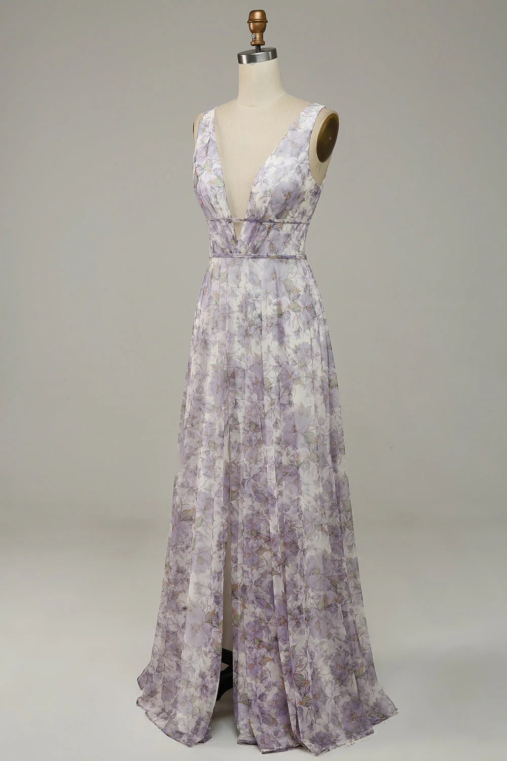 Iovry Purple Printed V-Neck Prom Dress With Slit - VNBITS