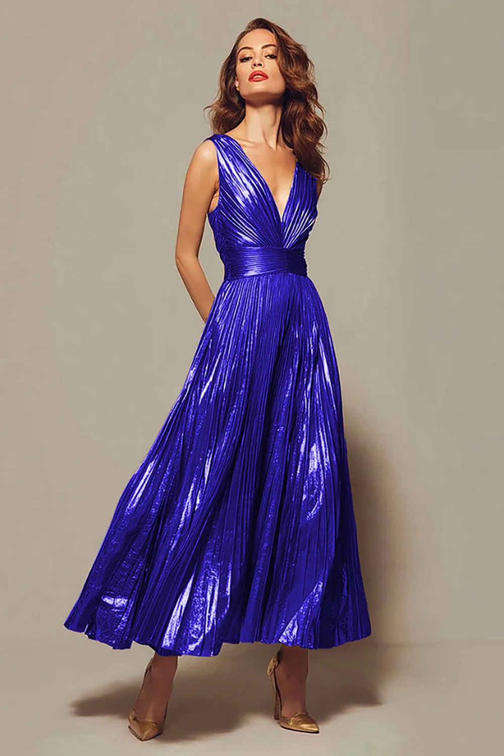 Sparkly Gold Metallic Pleated V-Neck A-Line Long Formal Dress - VNBITS
