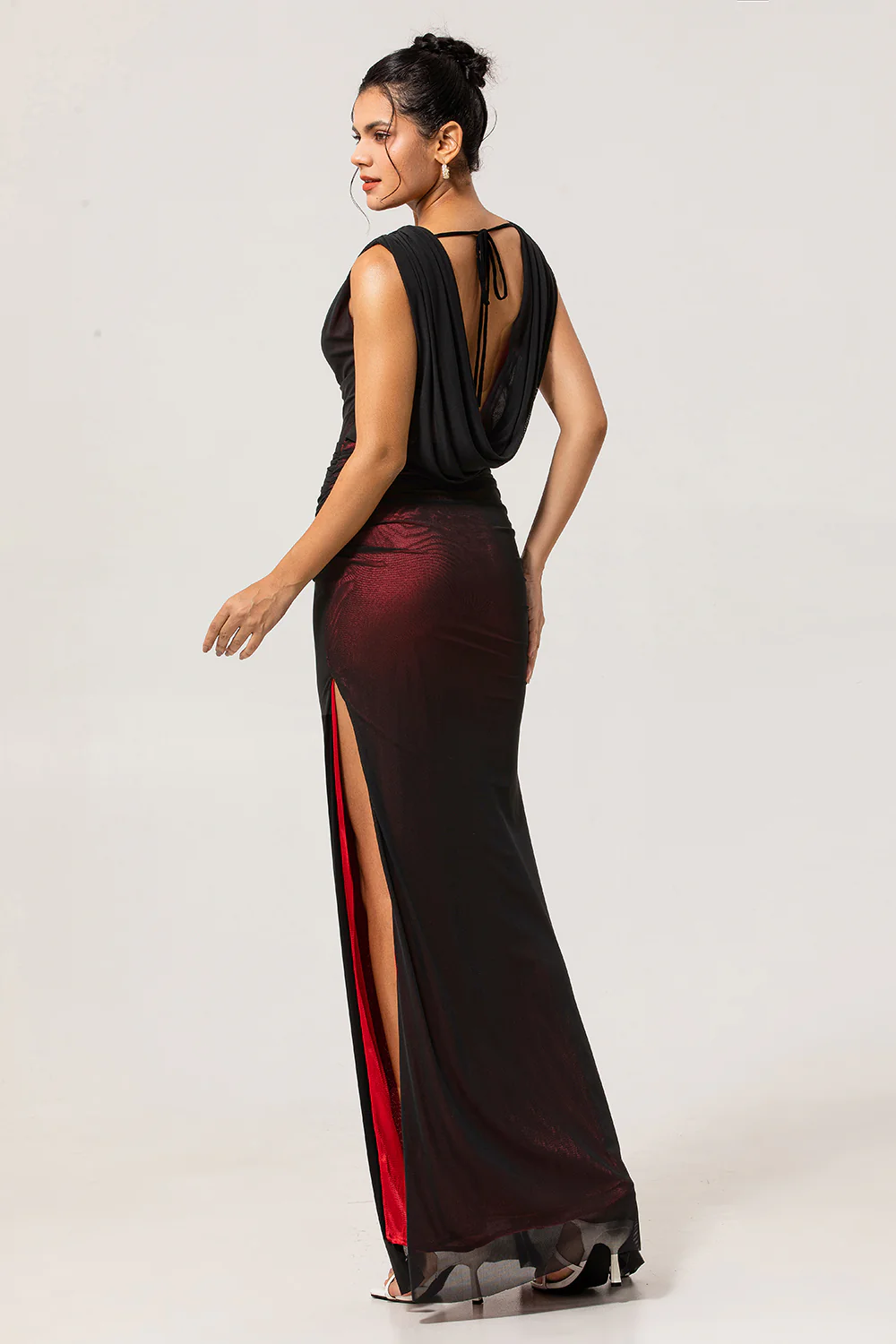 Black Red Backless V-Neck Long Bridesmaid Dress with Slit - VNBITS