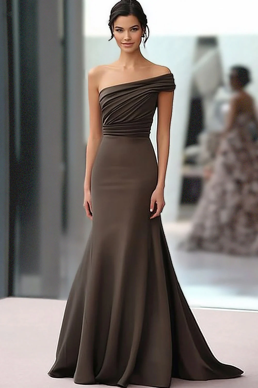 Coffee One Shoulder Crepe Mermaid Long Ruched Gala Dress - VNBITS