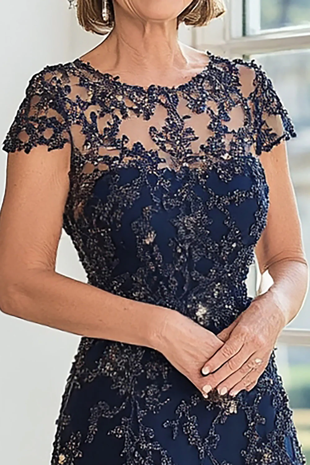 A Line Navy Scoop Neck Cap Sleeves Lace Mother of the Bride Dress - VNBITS