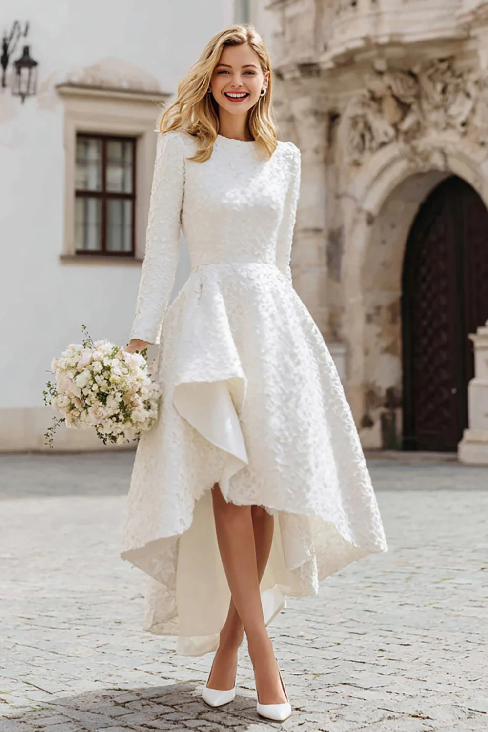 Ivory A Line Round Neck High-Low Engagement Dress with Sleeves - VNBITS