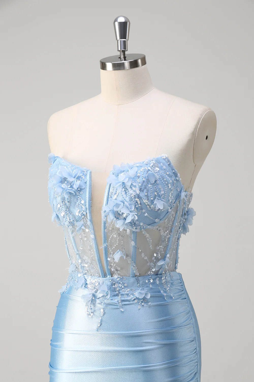 Blue Mermaid Beaded Applique Hollow Out Long Prom Dress with Slit - VNBITS