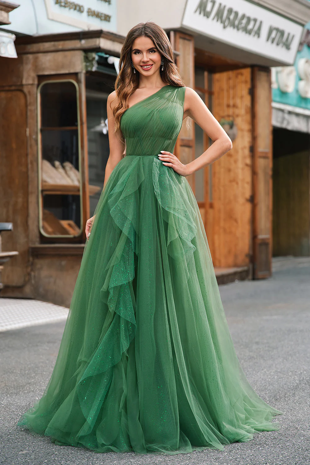 Dark Green A-Line One-Shoulder Long Prom Dresses With Long Sleeves - VNBITS