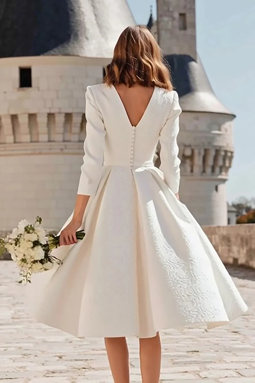 Ivory V-Neck A Line Midi Bridal Dress with Pockets - VNBITS