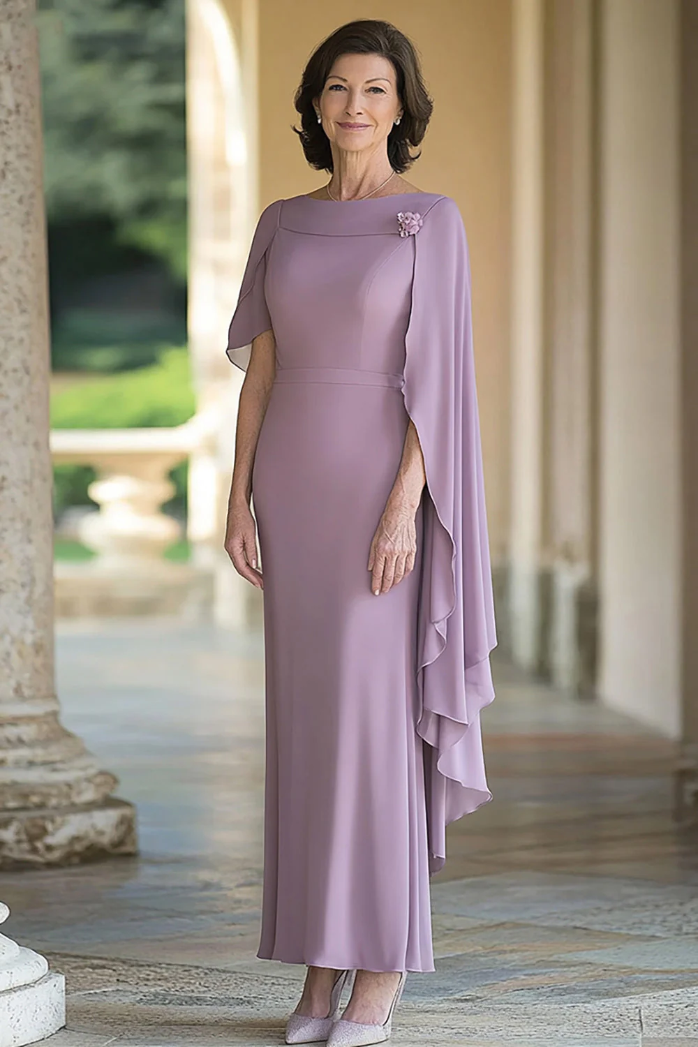 Lilac Long Sheath Chiffon Mother of the Bride Dress with Cape Sleeves - VNBITS