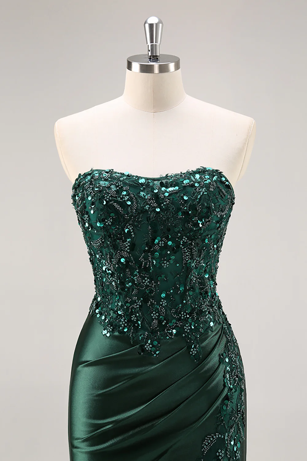 Sparkly Dark Green Corset Satin Mermaid Long Prom Dress with Slit - VNBITS