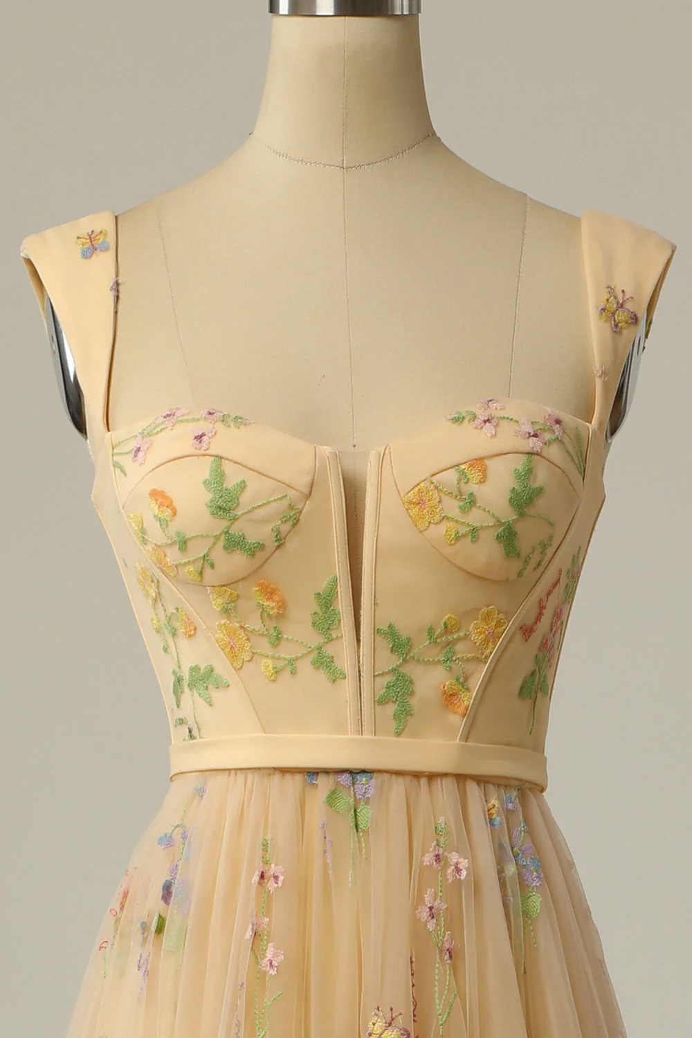 A Line Sweetheart Champagne Long Prom Dress with Embroidery - VNBITS