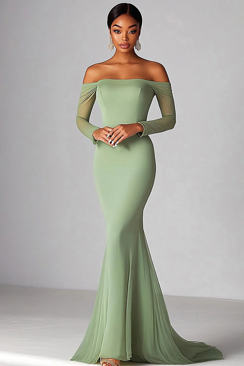 Sexy Sage Off the Shoulder Mermaid Ruched Long Prom Dress with Long Sleevs - VNBITS