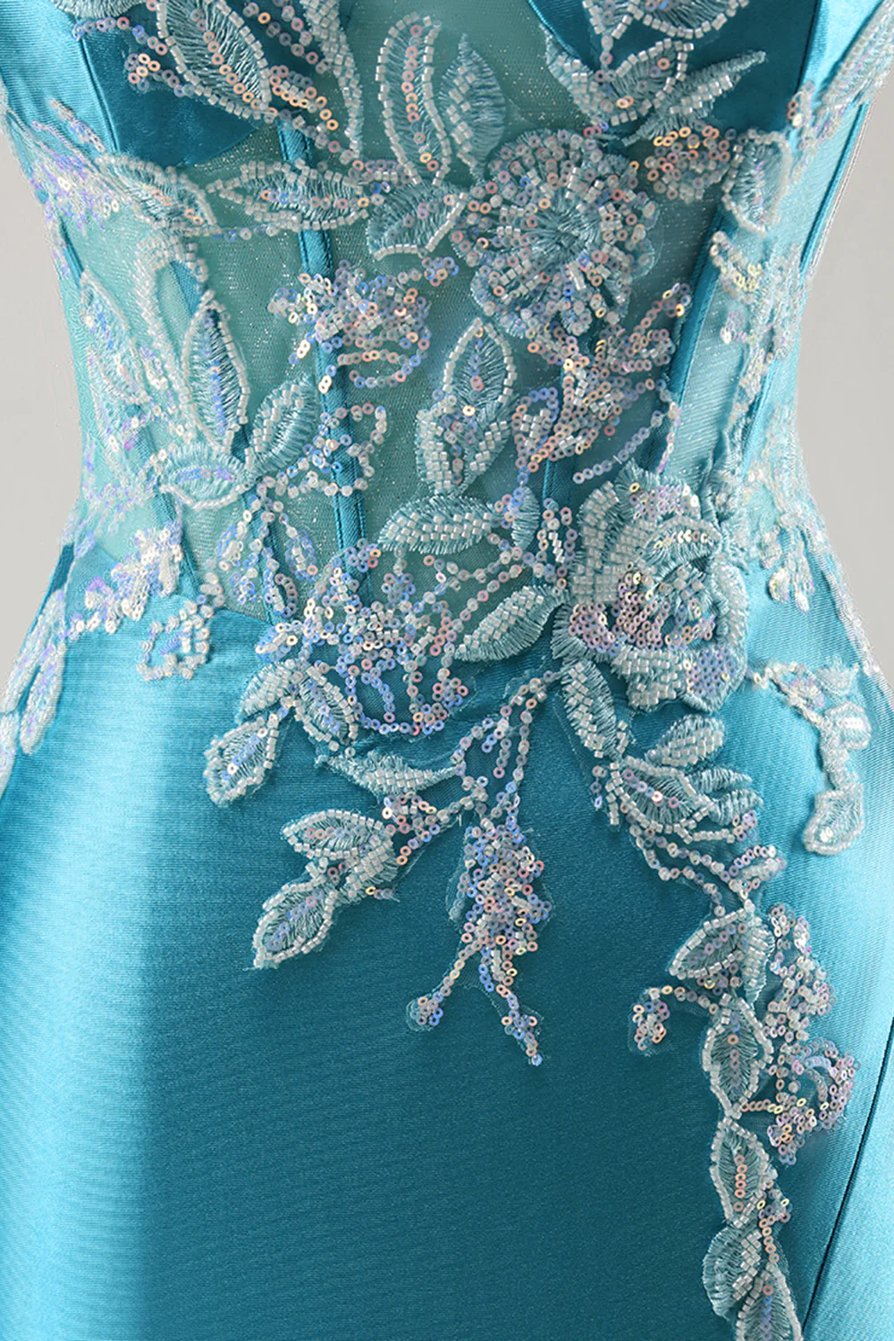 Blue Corset Appliqued Satin Mermaid Long Prom Dress with Slit - VNBITS