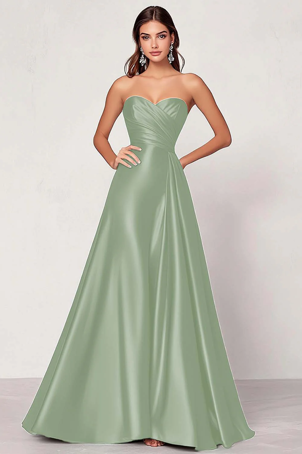 Dusty Blue Satin A Line Sweetheart Long Ruched Prom Dress - VNBITS