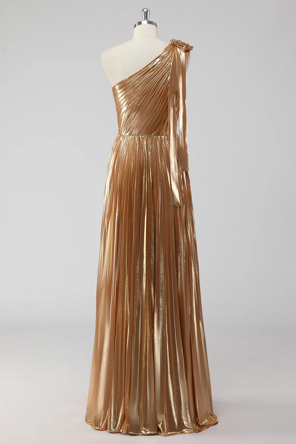 Golden Metallic Satin One Shoulder A-Line Formal Dress - VNBITS