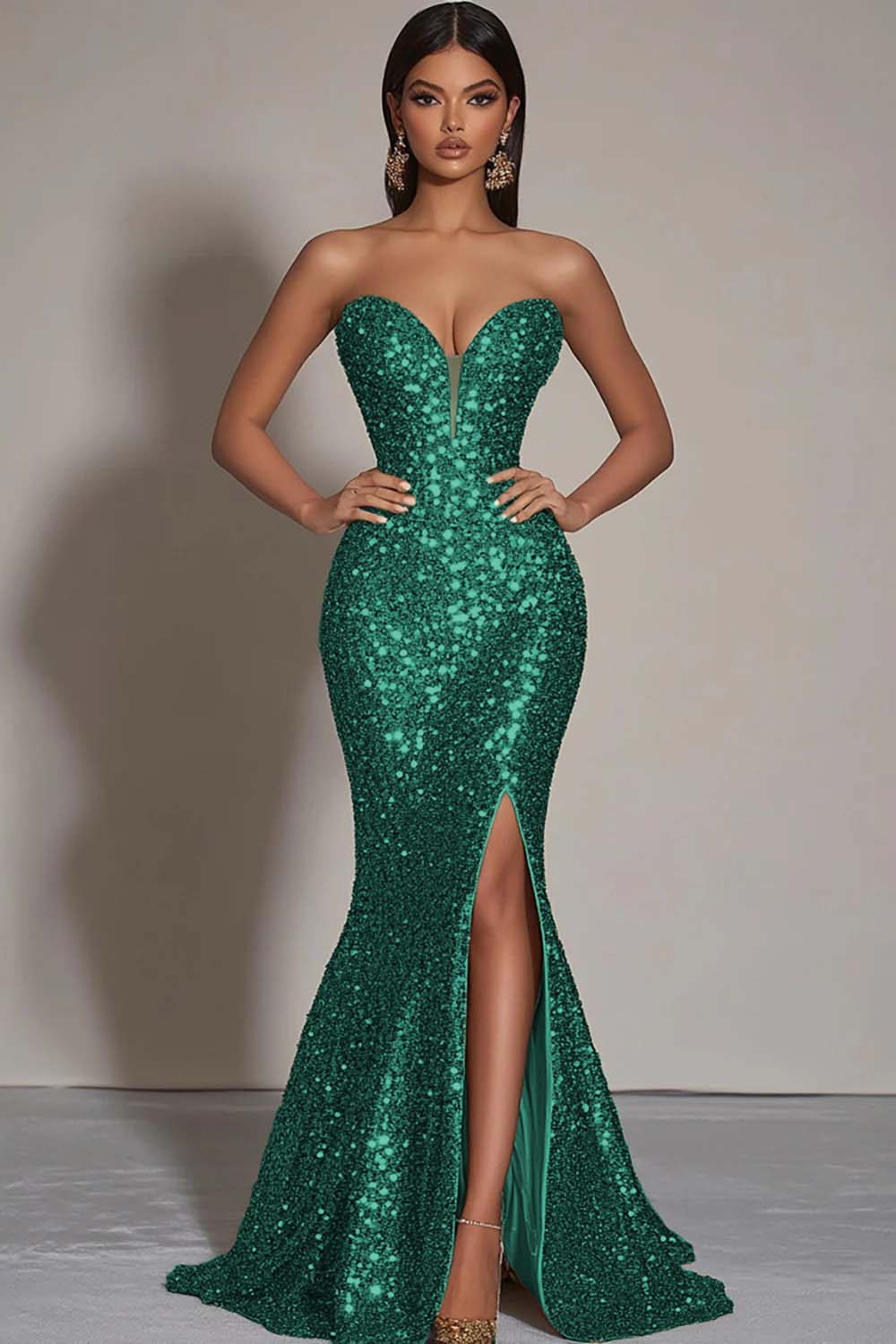 Sparkly Gold Mermaid Long Sequins Formal Dress with Slit - VNBITS