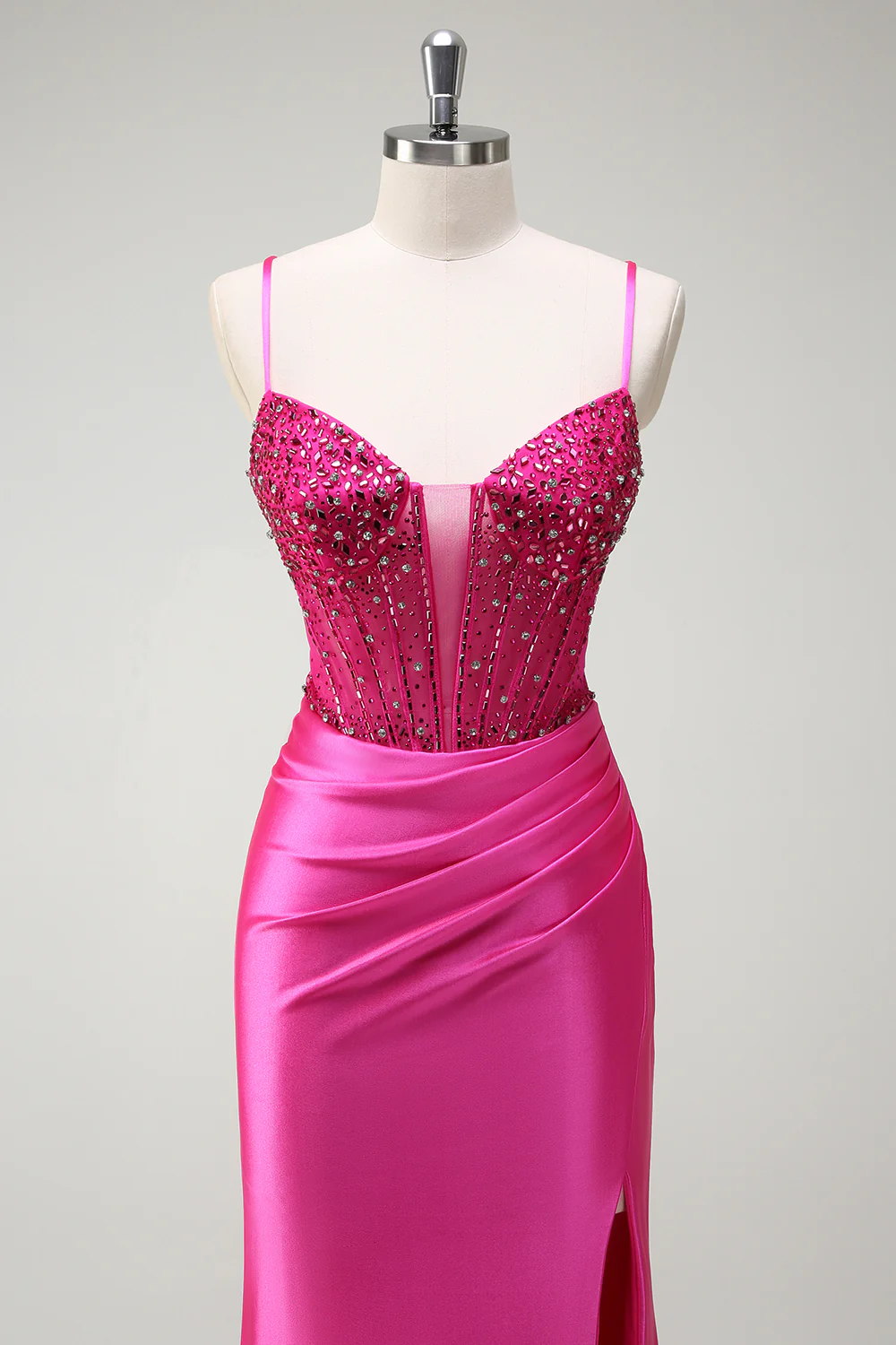 Fuchsia Spaghetti Straps Beaded Mermaid Long Prom Dress with Slit - VNBITS