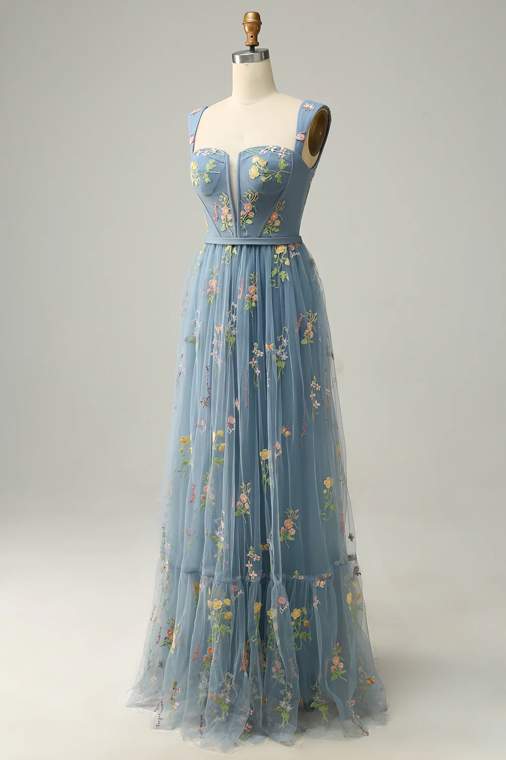A Line Champagne Tulle Floral Prom Dress - VNBITS