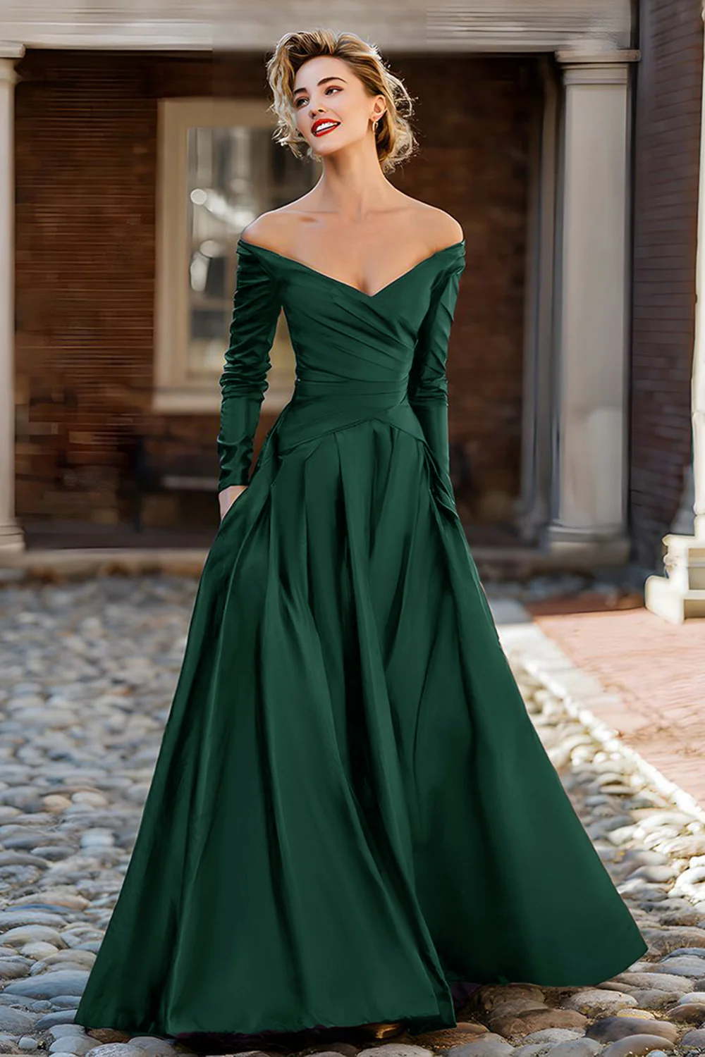 Plum Off the Shoulder A Line Long Mother of the Bride Dress with Sleeves - VNBITS