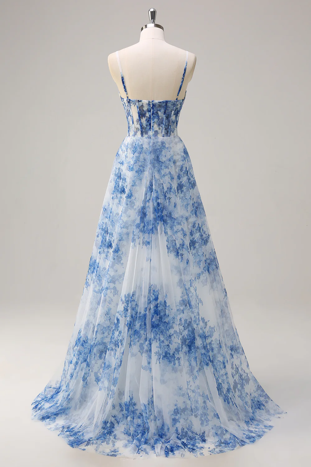 White Blue Flower Spaghetti Straps Corset Long Prom Dress with Slit - VNBITS