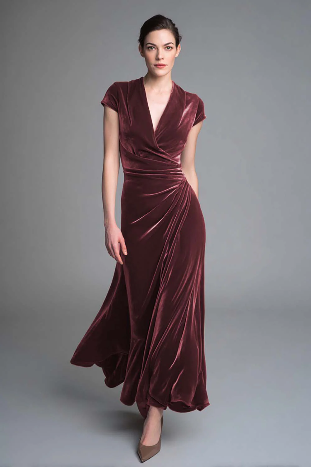 Caramel Velvet Ruched V Neck Long Holiday Party Dress with Sleeves - VNBITS