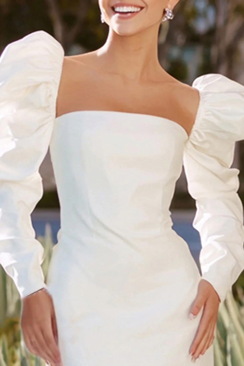 White Bodycon Satin Square Neck Short Bachelorette Dress with Sleeves - VNBITS