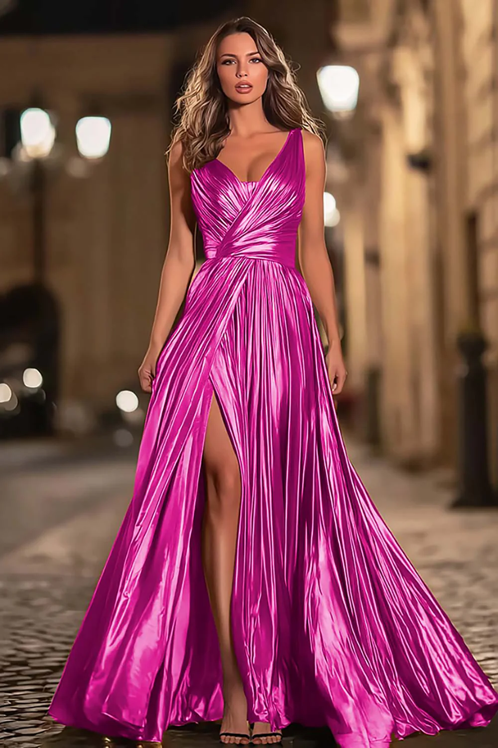 Sparkly Gold Metallic Pleated V-Neck A-Line Long Formal Dress with Slit - VNBITS