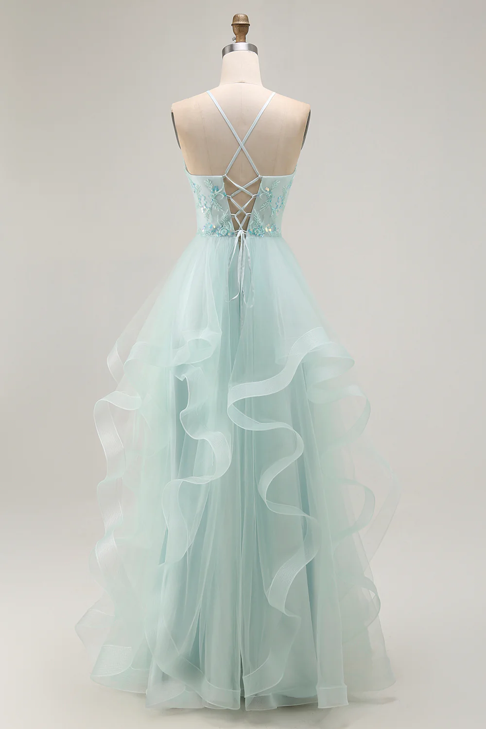 Sparkly Light Green A Line Ruffled Long Prom Dress with Beading - VNBITS