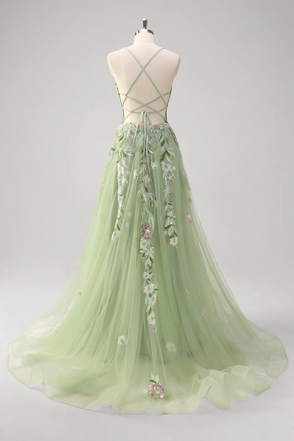 Green Floral A-Line Applique Tulle Long Prom Dress with Slit - VNBITS