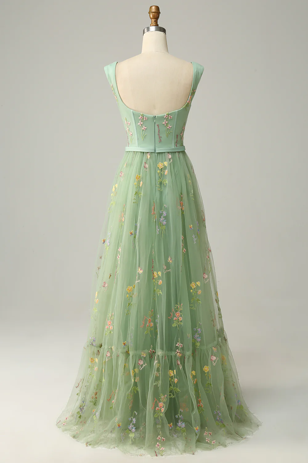 A Line Champagne Tulle Floral Prom Dress - VNBITS