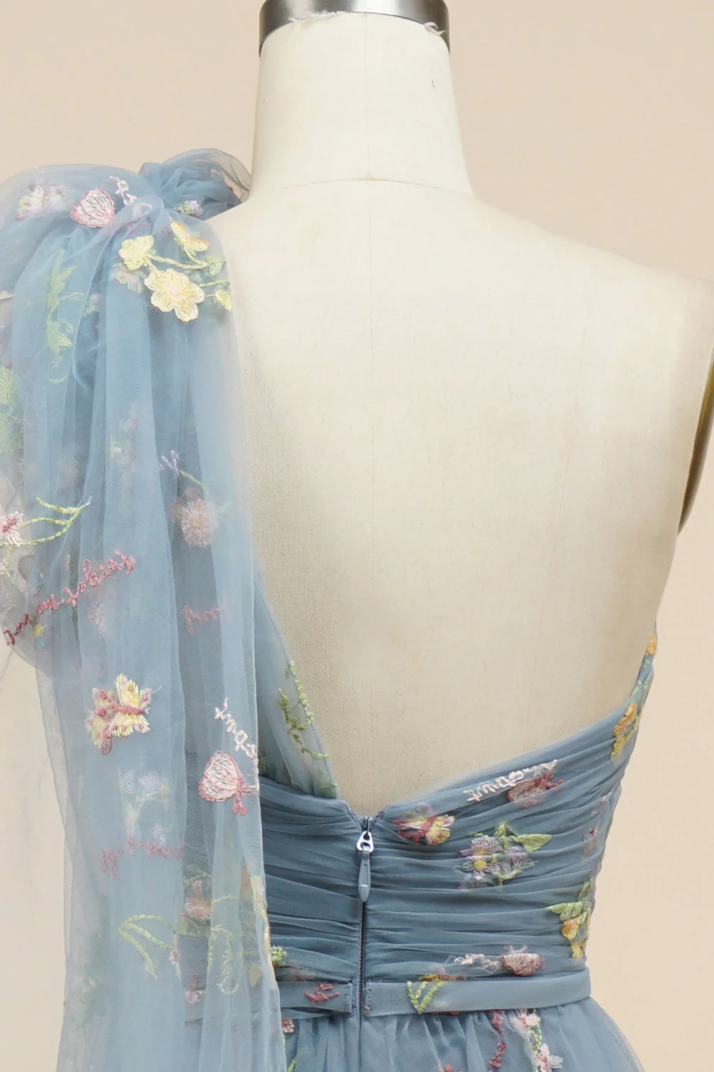 A-Line Grey Blue Long Prom Dress With Embroidery - VNBITS