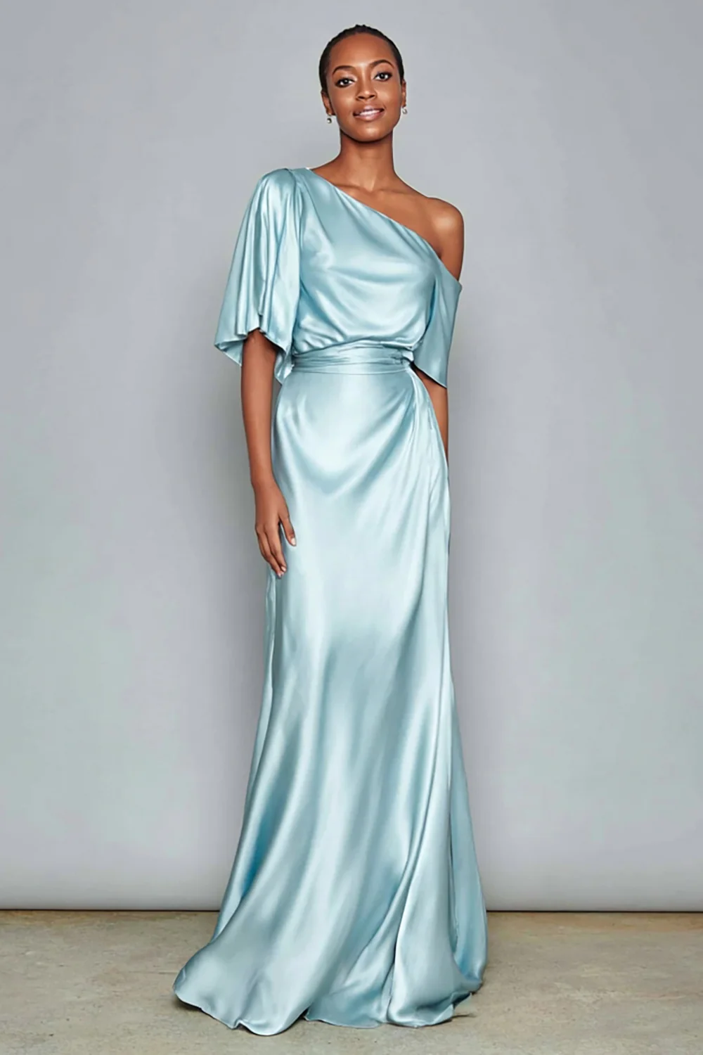 Light Blue One Shoulder Satin Mermaid Long Formal Dress with Sleeves - VNBITS