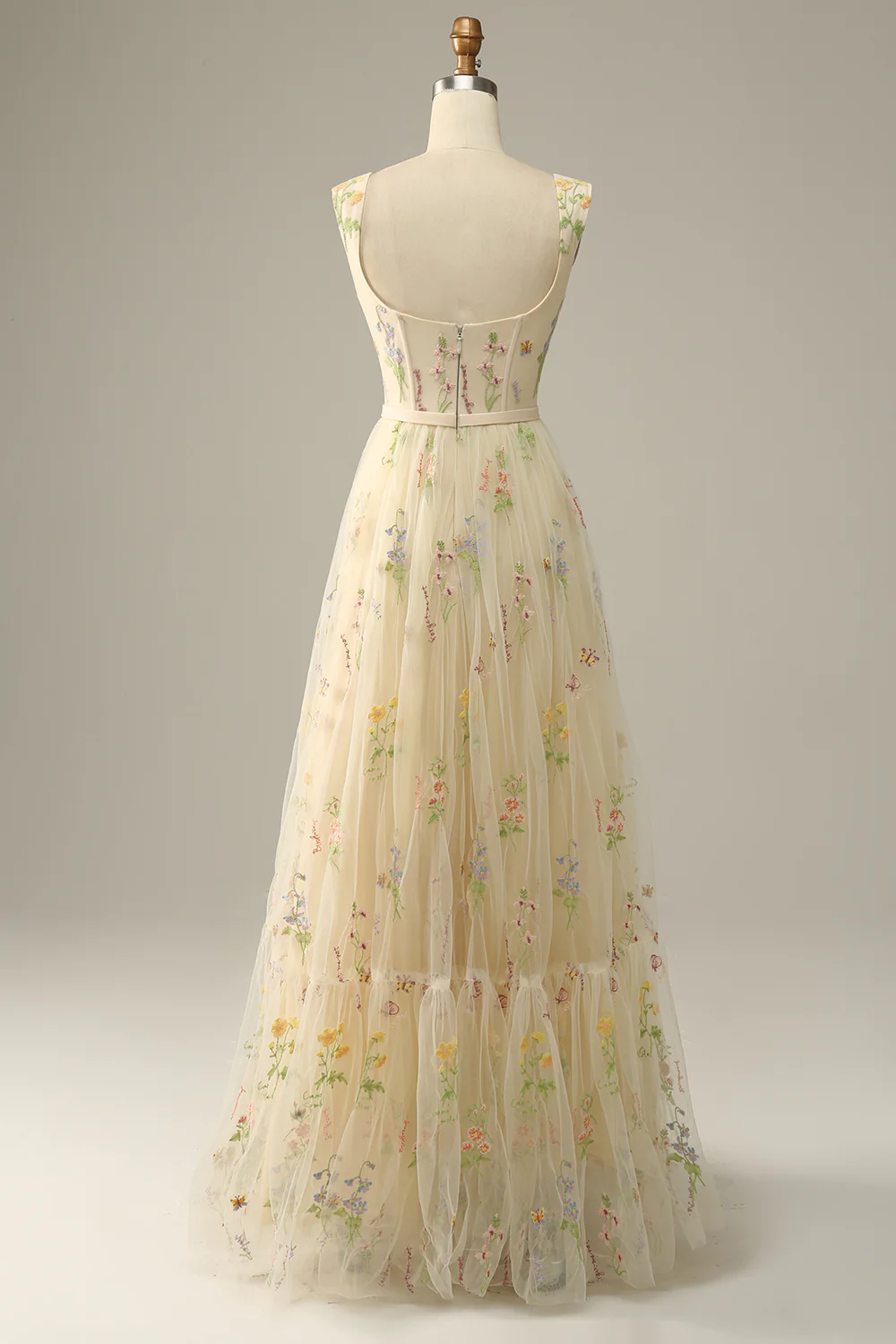 A Line Champagne Tulle Floral Prom Dress - VNBITS