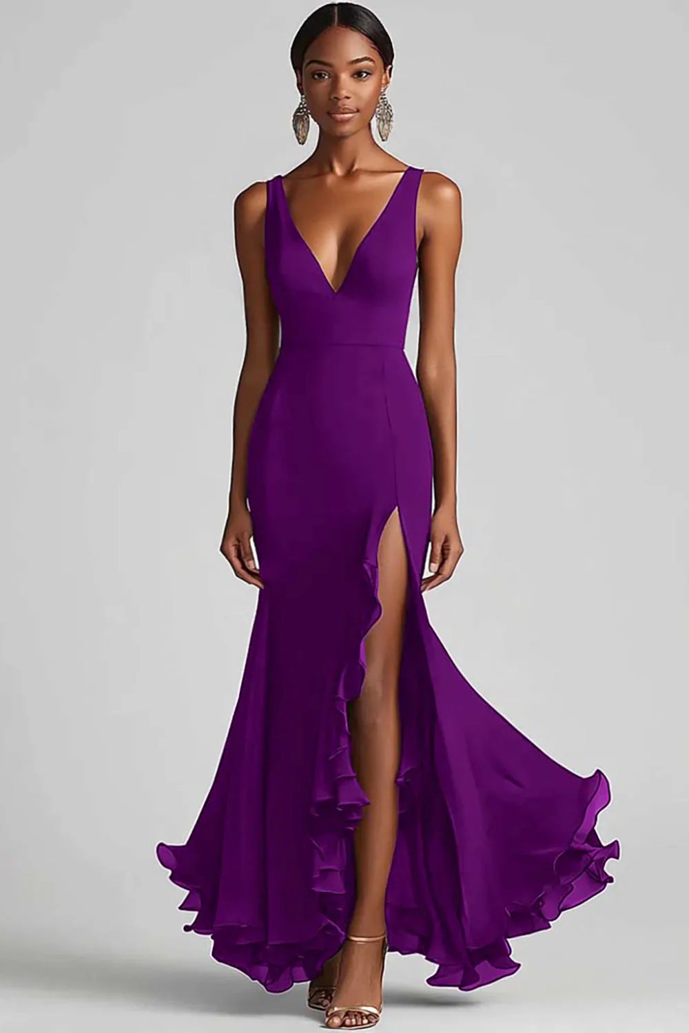 Ink Blue Chiffon V-Neck Ruffled Long Formal Dress with Slit - VNBITS