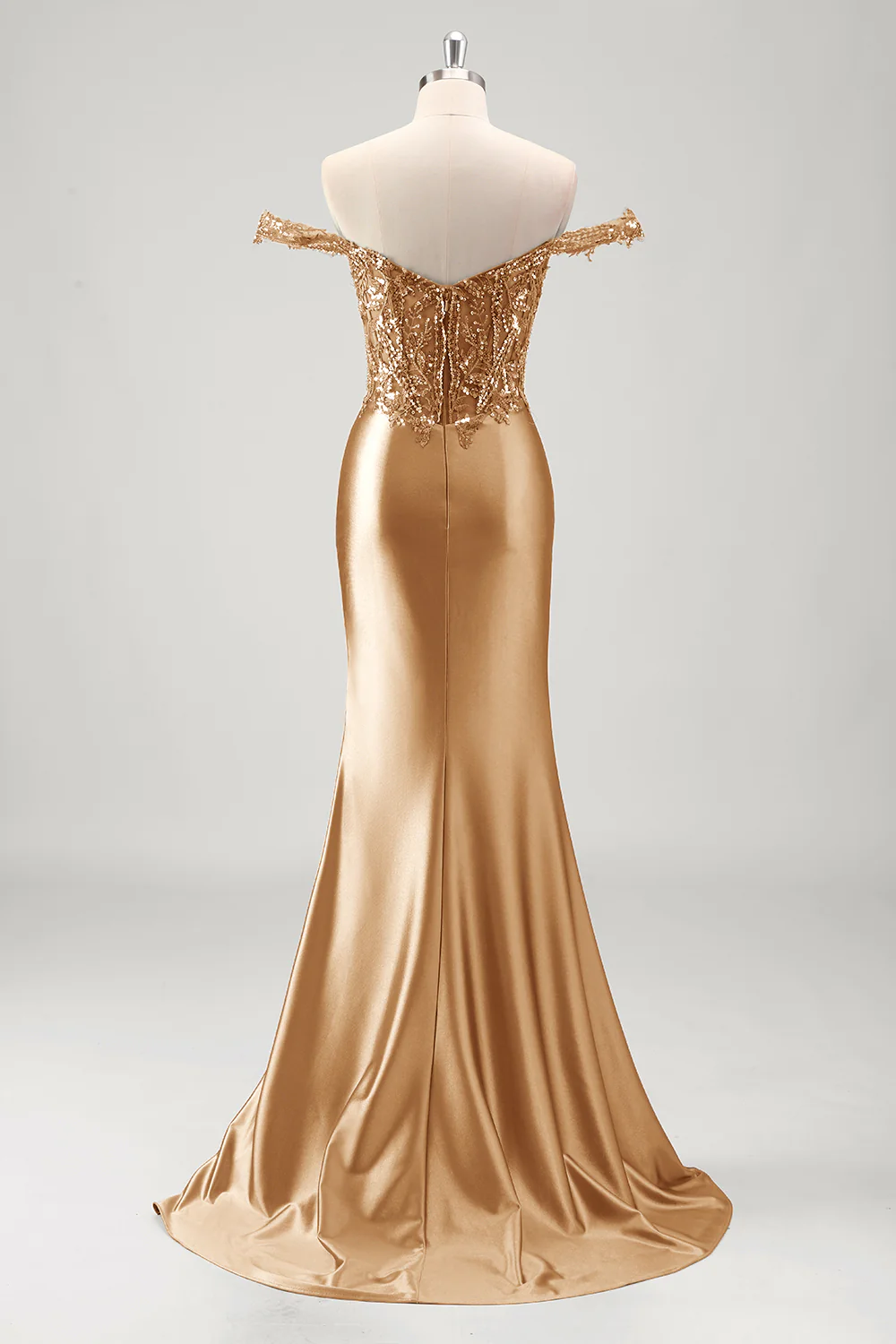 Grey Green Mermaid Applique Off The Shoulder Long Prom Dress with Slit - VNBITS