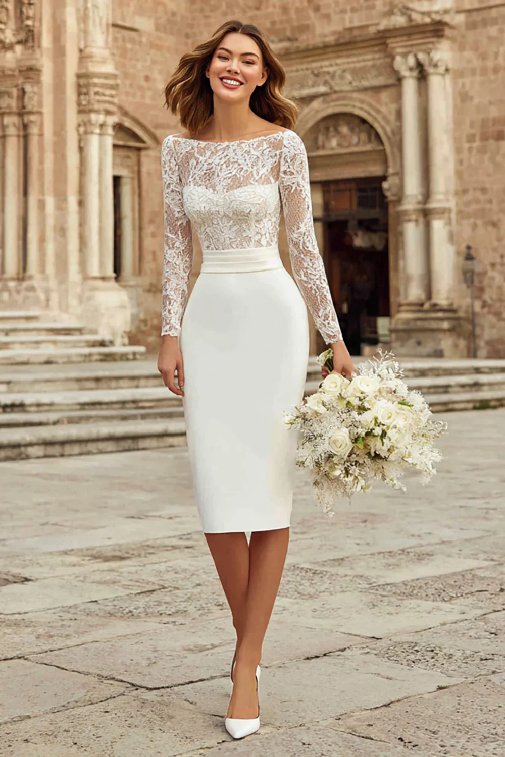 Ivory Bateau Neck Bodycon Midi Wedding Dress with Sleeves - VNBITS