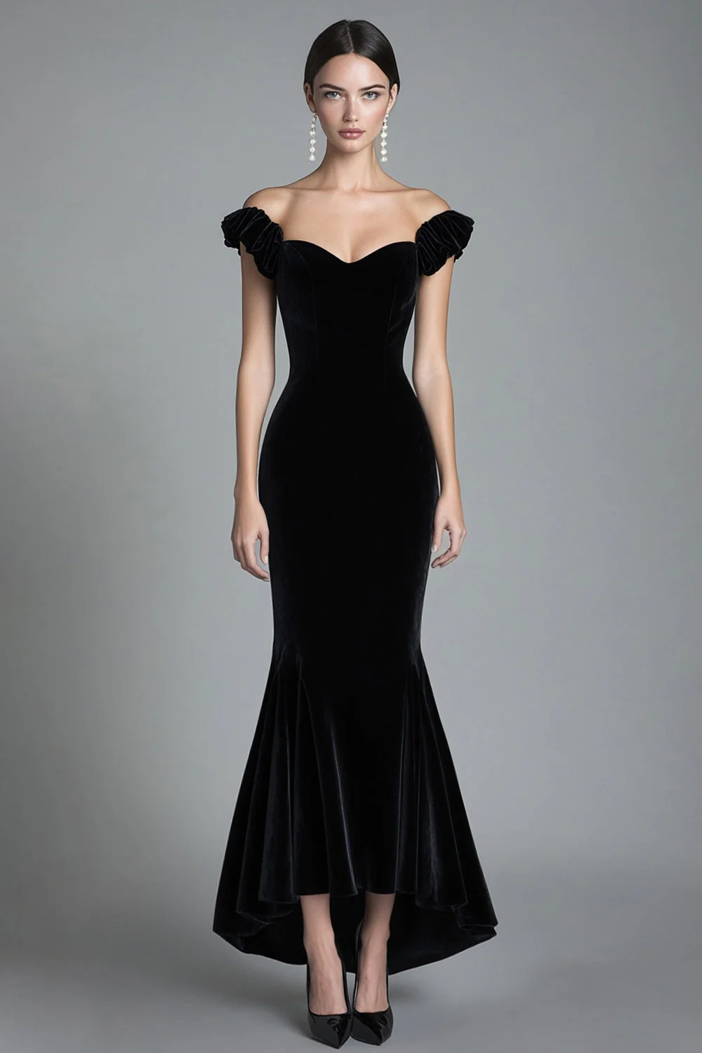 Off the Shoulder Mermaid Black Velvet Long Formal Dress - VNBITS